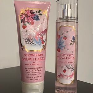 NWT Bath and Body Works Strawberry Snowflakes Body Cream Fragrance Mist Bundle